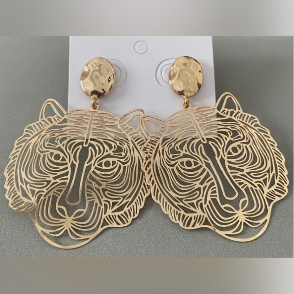 Gold Tiger Face Dangle Earrings
